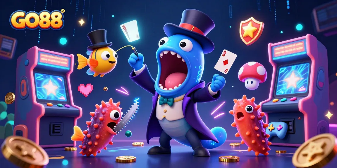 GO88 showcases a vibrant underwater casino scene with playful sea creatures engaging in gambling-themed magic tricks.
